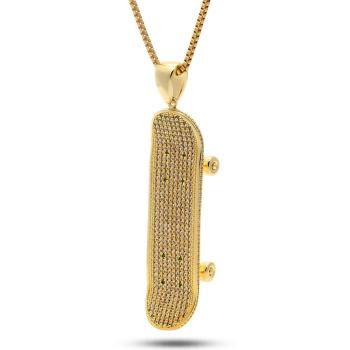 King Ice 14K Gold Plated CZ Iced Skateboard Necklace Golden