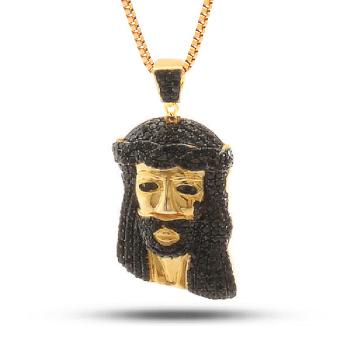 King Ice 14K Gold Plated CZ Small Jesus Teardrop Necklace Black/Golden