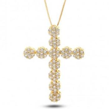 King Ice 14K Gold Plated CZ Cross Flower Cluster Necklace Golden