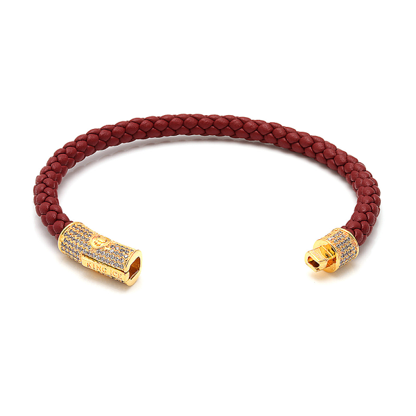 King Ice 18K Gold Plated CZ Studded Italian Leather Rope Bracelet Crimson/Golden