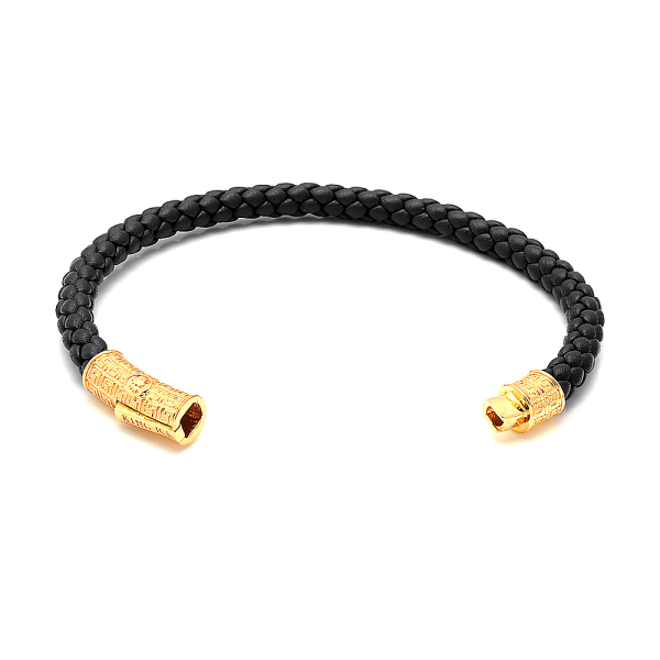 King Ice 18K Gold Plated Greek Symbol Italian Leather Rope Bracelet Black/Golden