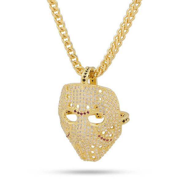 King Ice 14K Gold Plated CZ Small Hockey Mask Necklace Golden